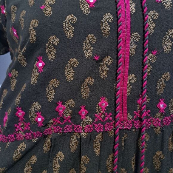 Fusion Printed Cultural Boho Tiered Paisley Midi Dress Olive/Pink Medium NWT - Picture 9 of 14